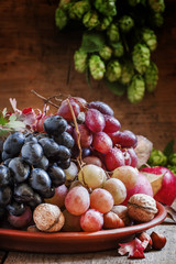 Dish with autumn fruits and nuts, Still Life, selective focus
