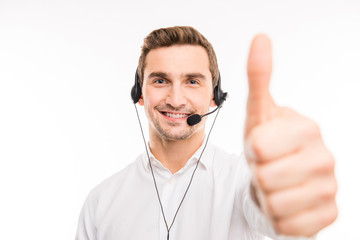 Closeup photo of a handsome agent consulting clients on the phon