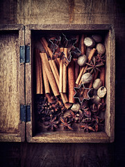 Spices for Christmas baking in a wooden box

