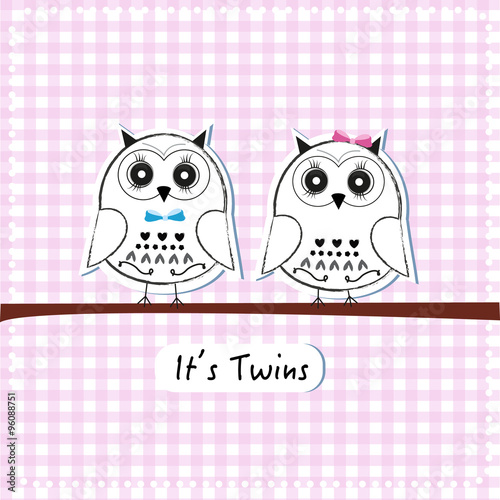Newborn Twin Baby Owl Baby Shower Greeting Card Vector Background