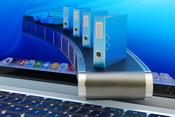Automate electronic document management system and office workflow process concept, folders with data on conveyor belt from computer screen