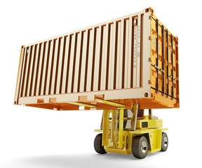 Shipping, delivery, shipment, freight transportation and logistic concept, forklift truck handling cargo container box isolated on white