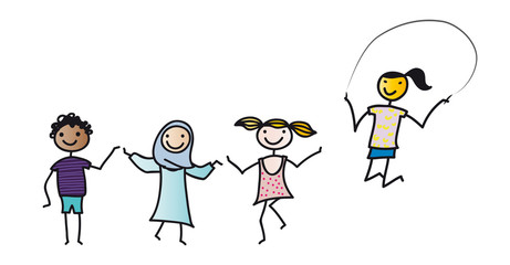 Schulklasse mit Schülern - Inklusion und Integration, in der Schule gemeinsam lernen und spielen, Freundschaft schließen, Freunde finden, verschiedene Nationalitäten