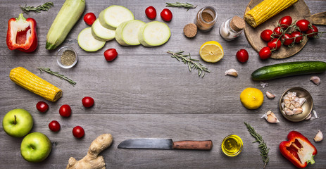 Ingredients for cooking vegetarian food colorful various of organic farm vegetables Healthy food and diet nutrition concept place for text,frame on wooden rustic background top view