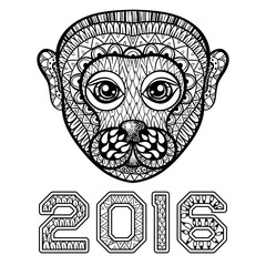 Hand drawn Monkey head, symbol of New Year 2016, zentangle illus