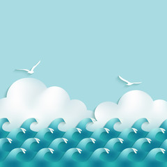sea background with waves, clouds and seagulls