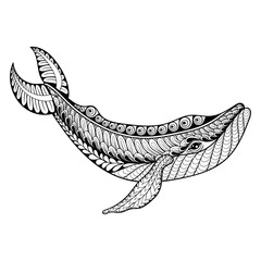 Obraz premium Zentangle vector Whale for adult anti stress coloring pages. 