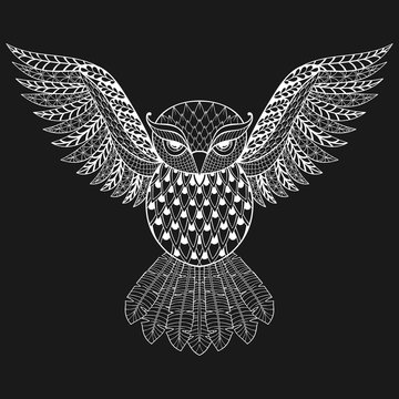 Zentangle vector white Owl for adult anti stress coloring pages.