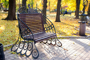 beautiful forged metal bench in the autumn park
