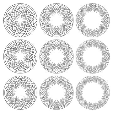 Set of magic knotting mandalas. Nine circular decorative elements with stripes braiding for your design