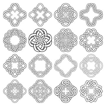 Set of magic knotting circles. Sixteen tetragon decorative elements with stripes braiding for your logo or monogram frame design. Creative mandalas collection