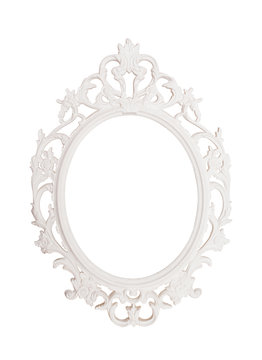 Ancient vintage natural round picture frame with leaves design white ornament texture isolated background for scrapbook album