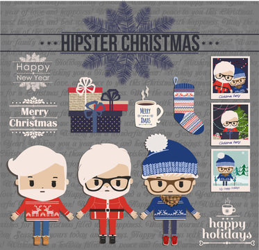 Hipster Christmas element set. Vector collection of Christmas and New Year symbols.