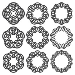 Set of magic knotting mandalas. Nine circular decorative elements with stripes braiding for your design