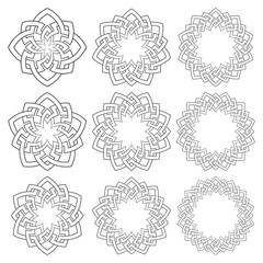Set of magic knotting circles. Nine decorative logo elements with stripes braiding for your design