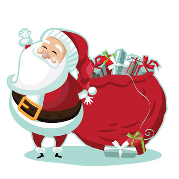 Cute Santa Claus standing in the snow with a bag of gifts. Royalty free illustration.