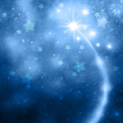 Magic New Year and Christmas Holiday illustration background with fireworks, star shapes and blurred snowflakes. Conceptual winter season copy space background illustration.