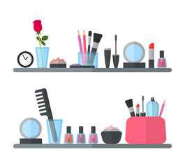 Make up cosmetic accessories on the shelves. Flat design