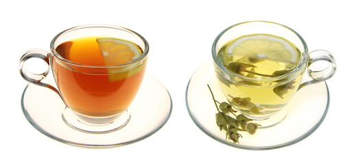 Herbal tea, sage leaves and lemon slice isolated on white background
