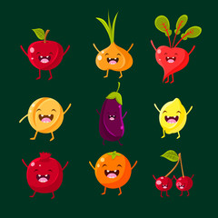 Cheerful fruit and vegetables. Food with cute faces, happy