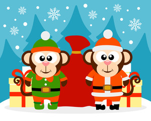 Happy New Year card with monkey santa claus and monkey elf