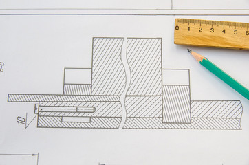 Pencil, ruler and engineering drawings