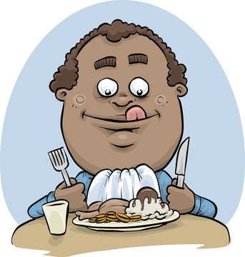 A Cartoon Man Prepares To Eat A Hearty Meal Of Comfort Food With Meat And Mashed Potatoes.