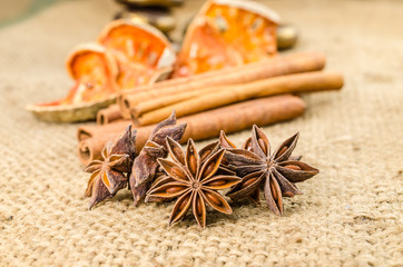 Star anise and cinnamon spicy on sackcloth