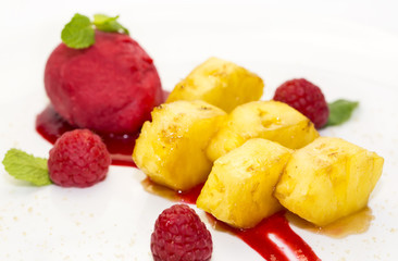 grilled pineapple with caramel sauce and sorbet