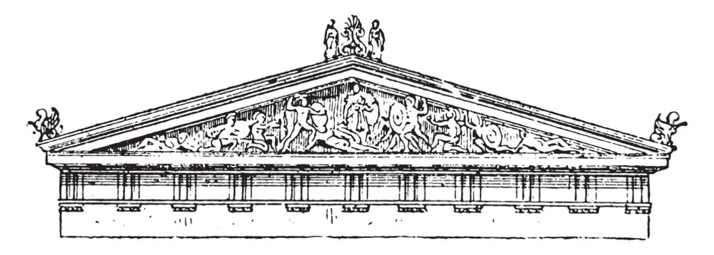 Acroterion, pediment of the temple of Aegina, vintage engraving.