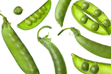 green pea pods isolated on white background