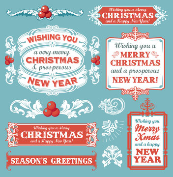 Christmas set of retro icons, labels, emblems and decorative banner signs