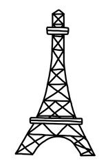 Eifel tower / cartoon vector and illustration, black and white, hand drawn, sketch style, isolated on white background.