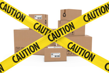 Suspicious Parcels Concept - Stack of Cardboard Boxes behind Caution Tape Cross