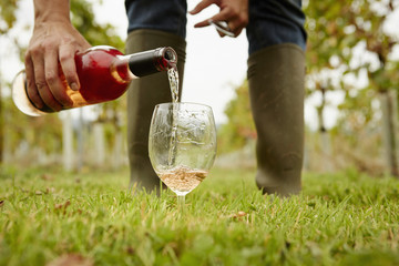 A person pouring rose wine from a bottle into a glass. 