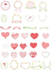 Set of wedding graphic set- wreath, flowers, arrows, hearts, laurel, ribbons and labels, brushes depicting an award achievement heraldry nobility, hand drawing vector illustration 