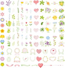 Set of wedding graphic set- wreath, flowers, arrows, hearts, laurel, ribbons and labels, brushes depicting an award achievement heraldry nobility, hand drawing vector illustration 