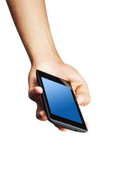 Hand man with tablet o cell