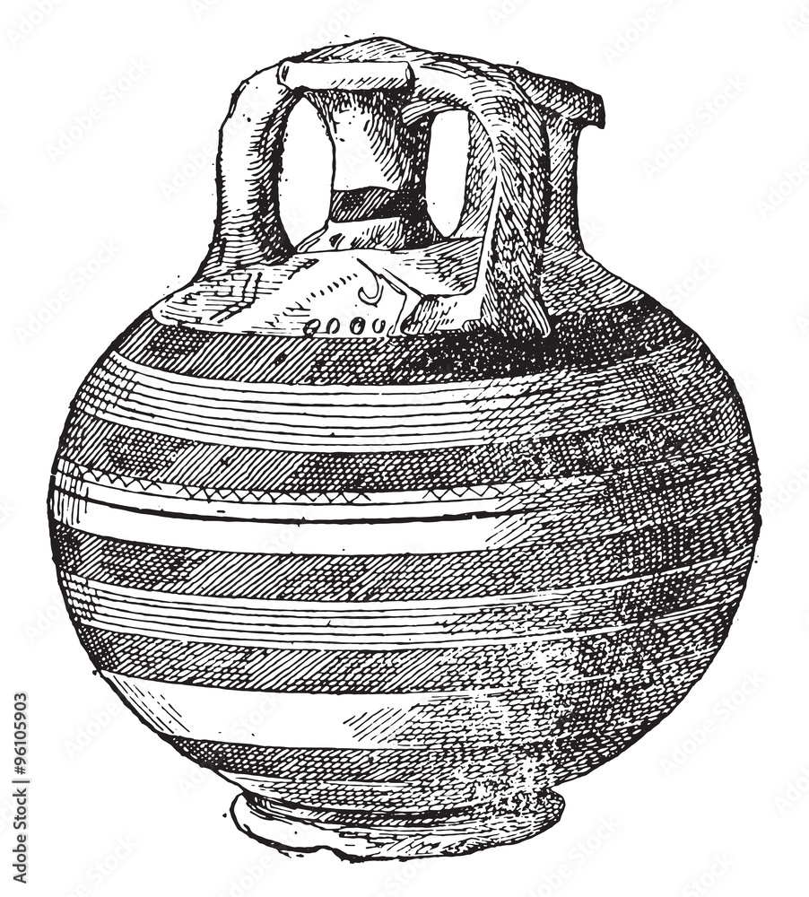 Poster vase found at mycenae, vintage engraving.