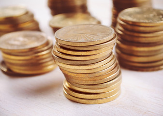 Coins on wooden surfaces