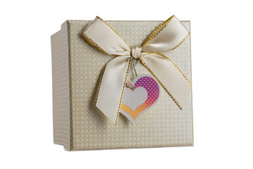 Top view of isolated gift box with white ribbon on white backgro