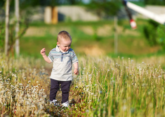 the little boy plays on a meadow