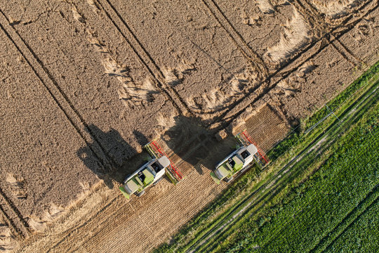 aerial view of combine on the harvest field