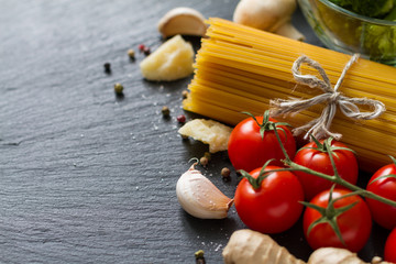 italian background with pasta and tomatoes