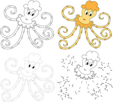 Cartoon octopus. Vector illustration. Dot to dot game for kids
