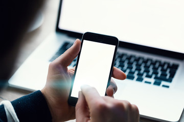 Close up of man hands with cellphone
