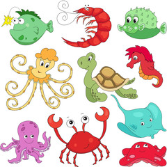 Sea inhabitants: octopus, pufferfish, starfish, sea-horse, crab,