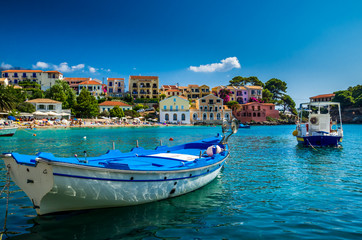 Assos village on the Island of Kefalonia in Greece. View of beautiful bay of Assos village, Kefalonia island, Greece