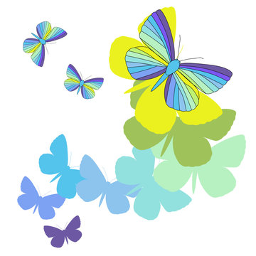 Flying iridescent butterflies on a white background