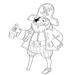 Pirate with bottle of rum. Black and white vector illustration for coloring book